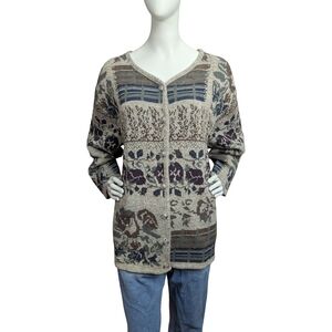 Vintage Tapestry Knit Cardigan Sweater | Oversized 1X | Earth Tone Patchwork
